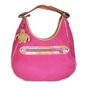 Kipling Delano LG Pink Shoulder Bag Leather Monkey Charm Cosmetic Pouch Included